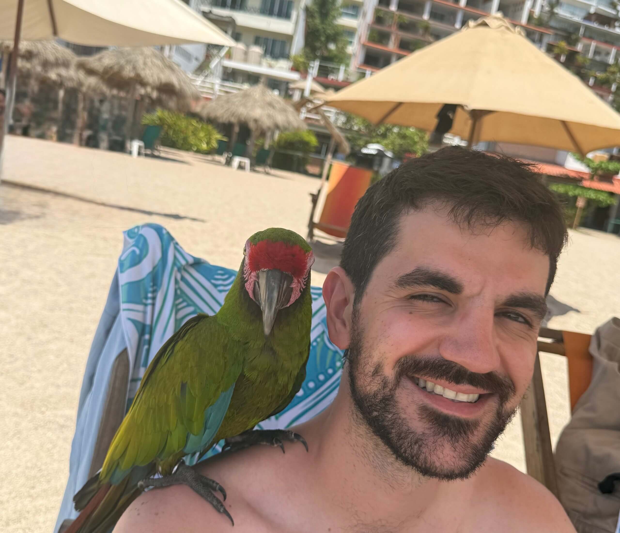 Edge High School's math teacher poses for a photo on the beach with a parrot on his shoulder.